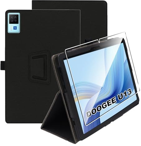 zZjoOoj Hülle für DOOGEE U13 Tablet Case 13 Zoll,Ultra Dünn PU Case Cover,Tablet Protection Bundle with 1 Stück 9H Härte Anti-Kratzen Folie, Vertical Stand Function und Handschlaufe,Schwarz