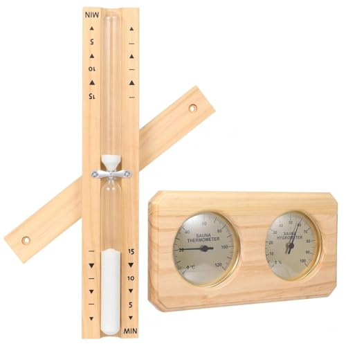 COSYOO 2-Piece Sauna Thermometer Hygrometer Set with 15 Minute Sand Timer, Wooden Wall Mount Sauna Accessories for Steam Room Infrared Sauna Bathroom
