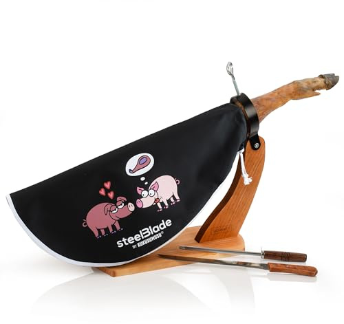 steelBlade - Jamonero Góndola + Cubre Jamón Kukuxumusu + Cuchillo Jamonero y Chaira - Soporte Jamonero fabricado en España
