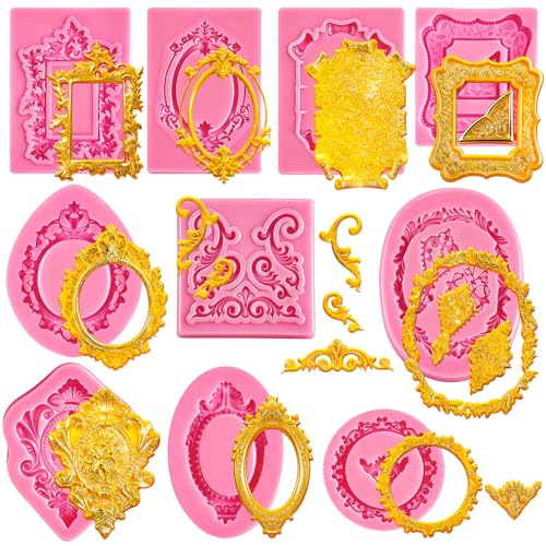 10 PCS Photo Frame Fondant Molds, Mini Photo Frame Silicone Molds Baroque Style Vintage Frame Molds for Cupcake Topper Cake Decoration Chocolate Candy Polymer Clay Baking Desserts