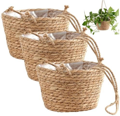 Cestino da appendere per piante da 3 pezzi, cesto da appendere in vimini da 8 x 5 pollici per piante Fioriera intrecciata per interni con corda, cesto per vasi da fiori rustici Boho per ufficio dom