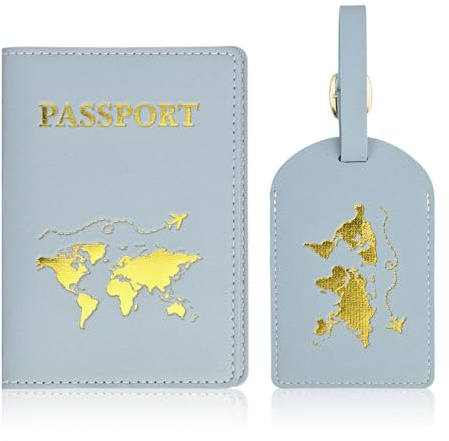 Portapassaporto ed Etichetta Bagaglio in PU Azzurro con Copertura Privacy – Porta Documenti per Passaporto, Carte di Credito, Biglietti