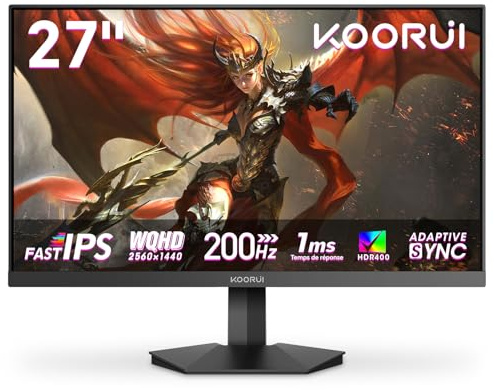 KOORUI 27 Pouces Ecran PC Gamer 200Hz WQHD HDR 400 Adaptive Sync HDMI/DP