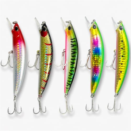 5 Sjunkande Minnowbeten, 90 mm 26,3 g for Långa Kast vid Havsfiske | Reflekterande Fjällfinish med 3D-Ögon, Rasselkulor och Dubbla Trekrokar for Abborre och Asp i Kustvatten