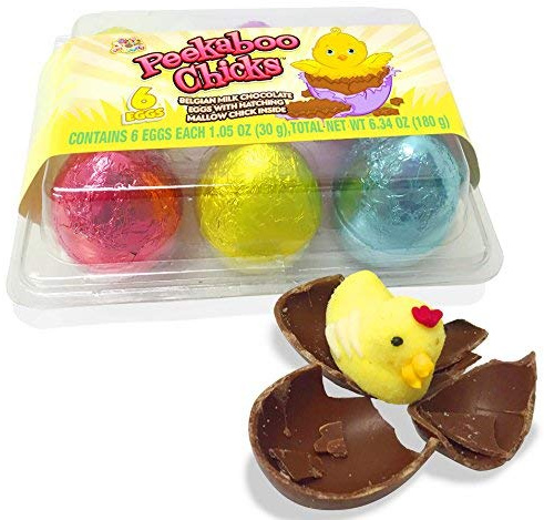 Needzo Belgian Milk Chocolate Peekaboo Chicks Foil Wrapped Easter Eggs with Marshmallow Center Basket Stuffers, 6 Eggs Total