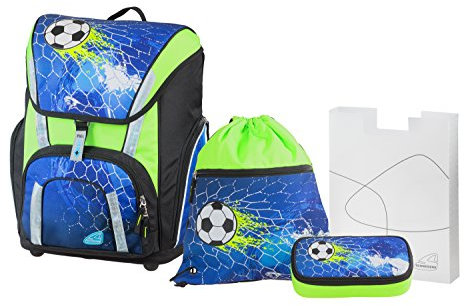 Schneiders – 4teiliges Schulranzenset mit Federmäppchen, Heftebox, Sportbeutel – Toolbag Smart Soccer Champ – für Jungen – blau – leicht, ergonomisch – ab 1. Klasse – 30 x 41 x 23cm