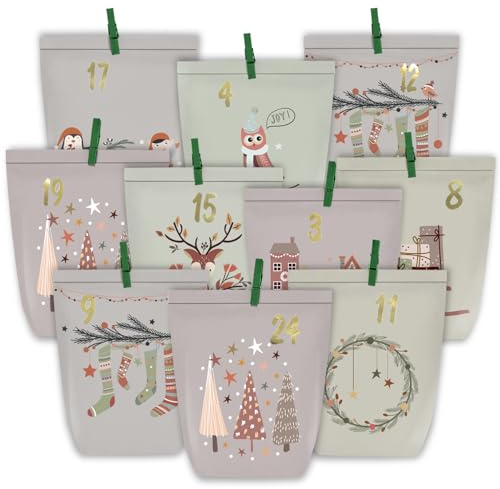 KOHMUI Caja Calendario de Adviento para rellenar, 24 bolsas de papel para Calendario de Adviento Navidad, para manualidades, bolsas de regalo, calendario para manualidades, bolsas de papel de estraza