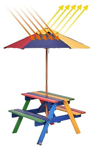 COSTWAY Set con Tavolo Picnic di Legno e Ombrellone per Bambini, Tavolo e Panchina con 4 Posti e Ombrellone Pieghevoli, Tavolino e Sedie Multiuso per Esterno Giardino Cortile