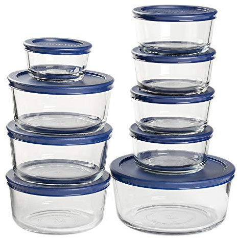 Anchor Hocking 18 Piece Glass Storage Containers with Lids (9 Glass Food Storage Containers & 9 Navy Blue SnugFit Lids)