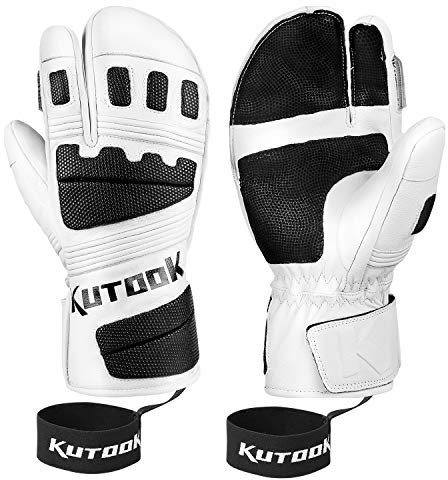 KUTOOK Skihandschuhe Herren Damen Fäustlinge Winter Handschuhe Snowboardhandschuhe Thermo Ziegenleder 3M Thinsulate Wasserdicht Winddicht für Ski Snowboard Wintersport Weiß, XXL(GS515)