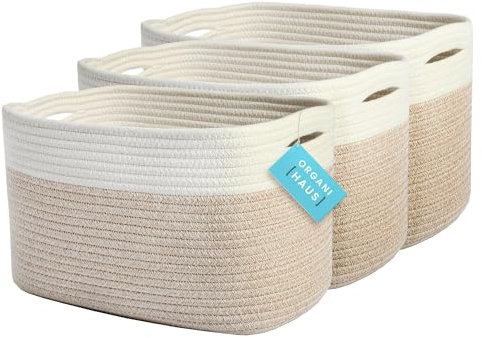 OrganiHaus 3-Pack White Storage Baskets for Shelves, Cotton Rope Basket for Towel Storage, Bathroom Baskets & Bins, Woven Blanket Basket for Living Room, Shoe Baskets, Baby Toy Storage Basket