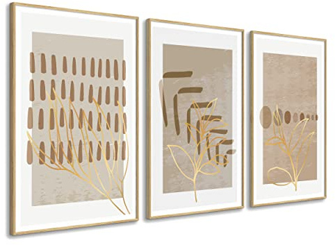 DekoArte - Cuadros decoracion salon modernos FLORES MINIMALISTA 50x70 cm x3 piezas - Cuadros con marco color madera incluido