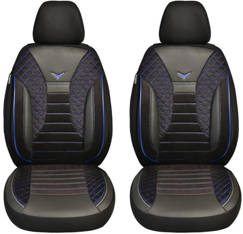 BREMER SITZBEZÜGE Maß Auto Schonbezüge kompatibel mit Renault Clio 5 Fahrer & Beifahrer Set ab 2019 / Auto Schonbezug Velour Kunstleder Set 2er Pack in Schwarz/Blaue Naht (PS806)