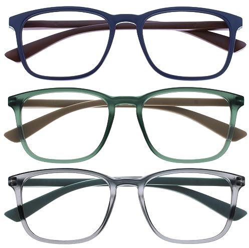 OPULIZE Max Lesebrille 3er Pack - Klassische große rechteckige Fassung - Brillen in mattem Blau, Grün und Grau - Herren Damen Unisex - RRR78-367 - +1,00