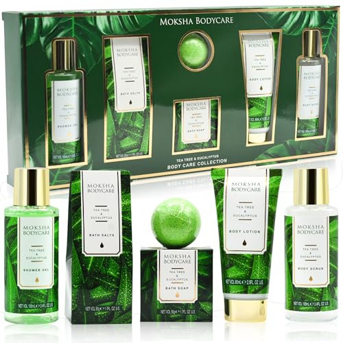 Moksha Tea Tree Spa Gift Set - Luxury Pamper Gifts for Women With Body Lotion, Scrub, Bath Bomb - Birthday, Christmas Gifts for Her, Green