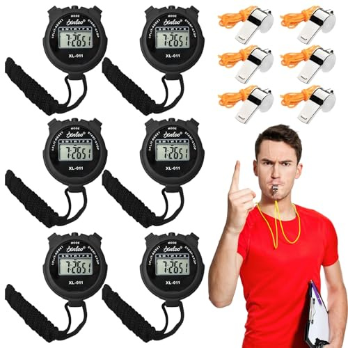 Cronografo digitale, 6 pezzi, timer con ampio display, cronografo palmare per calcio, basket, corsa, nuoto, fitness, con fischietto in acciaio inox