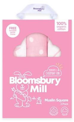 Bloomsbury Mill - Panni in mussola per neonati - Quadrati in mussola di cotone biologico al 100% - Confezione da 3 mussole per bambini - Grandi panni per il rutto - Essenziali per neonati - Rosa e