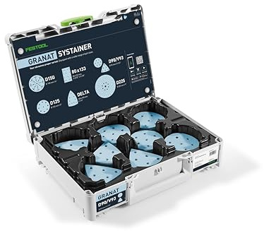 Festool slipmedel-Systainer³ SYS-STF D90/V93 GR-set granat | StickFix slipblad för RO 90 DX – kornstorlekar P60 till P180 – för trä, lack och plast