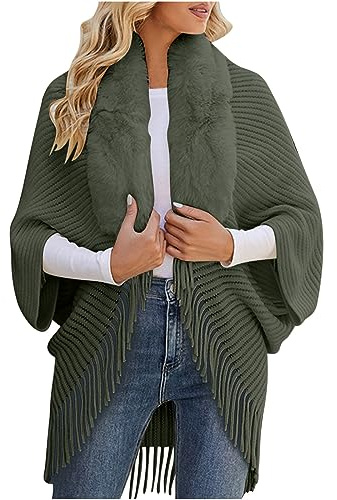 Keepink Cardigans for Women UK Knitted Oversized Thickened Shawl Sweater Fringe Cape Shawl Elegant Ponchos Draped Coats Furry Collar Cape Shawls and Wraps for Evening Wedding Dress