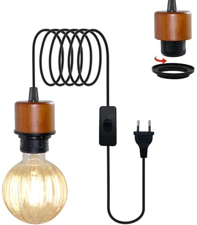 Lampada a Sospensione con Spina Interruttore, Kit di Cavi per Luce a Sospensione in Legno 5M, Vintage Apparecchio di Illuminazione Fai Da Te, Porta Lampada E27 con Cavo(Lampadina Non Inclusa)