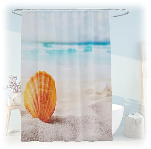Relaxdays Duschvorhang Muschel, Bad Vorhang 180x200, Anti-Schimmel, waschbar, 12 Ringe, Badewannenvorhang, Mehrfarbig