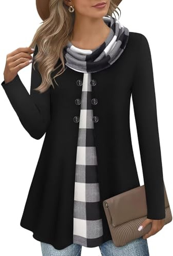 GUUKA Women Casual Long Sleeve 2 in 1 Jumpers Sweatshirt Ladies Cowl Neck Fall Pullover Winter Sweaters Tunic Tops with Buttons for UK(Black and White,XL)