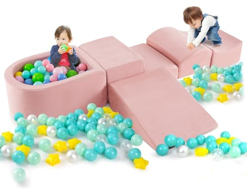 COSTWAY Juego de Escalada y Rampa de 5 Piezas, Bloque de Escalada con Piscina de Pelota Infantil, Funda Lavable a Máquina con Cremallera, Bloques de Construcción Creativos (Rosa)