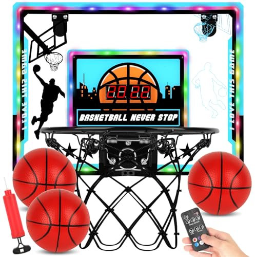 Mini Basketballkorb Über der Tür, 3 Spielmodi Basketball Korb mit 3 Bällen, Fernbedienung, Anzeigetafel, LED-Licht, Jubelgeräuschen, Interaktives Basketball Hoop für Kinder Erwachsene Indoor Zimmer