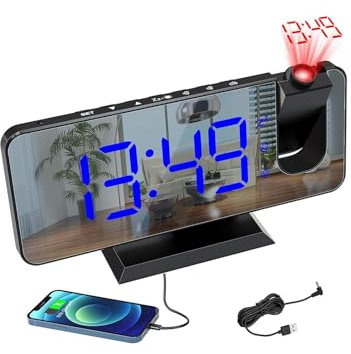 Reveil Projecteur avec Radio, Horloge Numérique, Radio Reveil USB avec Double Alarme et Écran Miroir LED de 7, Snooze, 4 Niveaux de Luminosité, 12/24h, 15 Volume, pour La Maison, Le Bureau