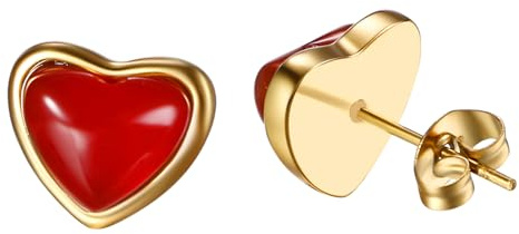 Oidea Damen Ohrringe Herz Ohrstecker: Rot Herz Ohrstecker aus Edelstahl Gold modern Romantisch Schmuck Geschenk für Frauen Mädchen