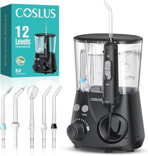 COSLUS E2 Munddusche Elektrisch Professional Zähne: 2 Modi & 12 Druckstufen –600ml Wassertank Zahndusche für Familien Oral Health Enthusiasten/Orthodontie-Patienten–Haushalt/Bad mit 5 Düsen–Schwarz