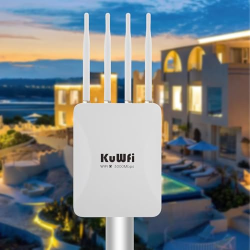 KuWFi Outdoor WiFi 6 Repeater & Extender, Punto di accesso WiFi 6 AX3000 Mbps 2,4 GHz e 5 GHz Point Bridge with 4 High Gain Antennas, Gigabit Port, Poe Powered, Supporto MU-MIMO, Seamless Roaming