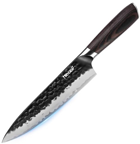 hecef cuchillo japones profesional 20 cm, hoja martillada de acero inoxidable de alto contenido en carbono 3 capas, mango ergonómico de madera Pakkawood, cuchillo de chef afilado con caja de regalo