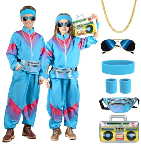 BITOYO Costumi Anni 80 90 Bambini, costume da tuta anni '80 Tuta retrò con marsupio occhiali da pilota Fascia per polsini Gonfiabile Boom Box, Costume Anni '80 per feste di Carnevale Halloween