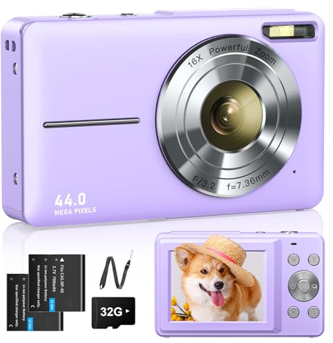 Fotocamera digitale 1080P fotocamera fotografica 44MP 16X zoom digitale con scheda da 32 GB 2 batterie fotocamera digitale per bambini studenti adolescenti principianti viola