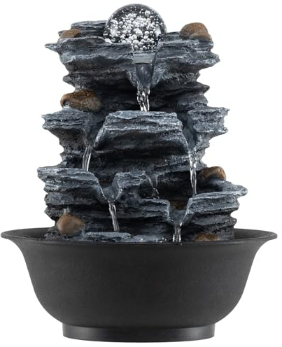 GYMAX Zimmerbrunnen, Tischbrunnen mit drehender Kristallkugel & bunter LED-Beleuchtung, Kleiner Zen Springbrunnen, Dekoratives Wasserspiel, 21,5 x 21,5 x 26 cm (Stil 1 + mit Kristallkugel)