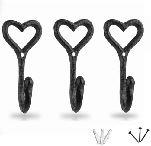 BOFYTR 3-Piece Heart-Shaped Decorative Hooks, Black Hooks | Black Coat Hooks Set with Screws and Wall Anchors for Hallway and Bedroom Storage