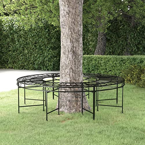 Holekex Trädbänk, rund, Ø 160 cm, svart, stål, väderbeständig, trädgårdsbänk, metall, sittbänk för terrass, balkong, park med ryggstöd och armstöd för utomhus, veranda och trädgårdsmöbler