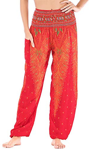 Nuofengkudu Femme Larges Coton Pantalons Sarouel avec Poches Thailande Ethnique Boheme Motif Taille Haute Indiens Hippie Harem Yoga Pants Été Plage(Orange Rouge Paon,Taille Unique)