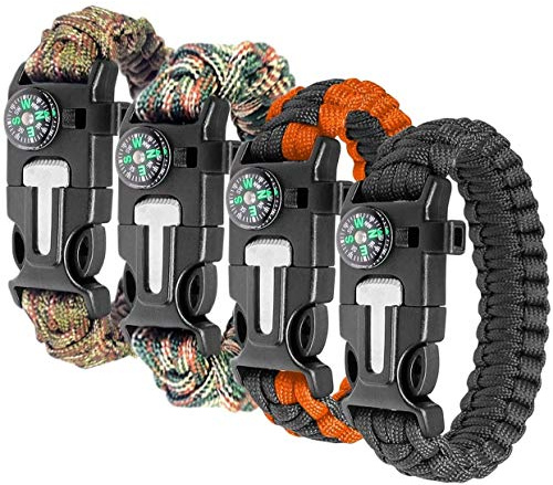 Ember Rock Bracelets de Survie en paracorde (Lot de 4) Allume-feu en Silex et Acier, sifflet, Boussole, Longueur de Bracelet réglable pour Camping, Survie en Pleine Nature, kit d'urgence