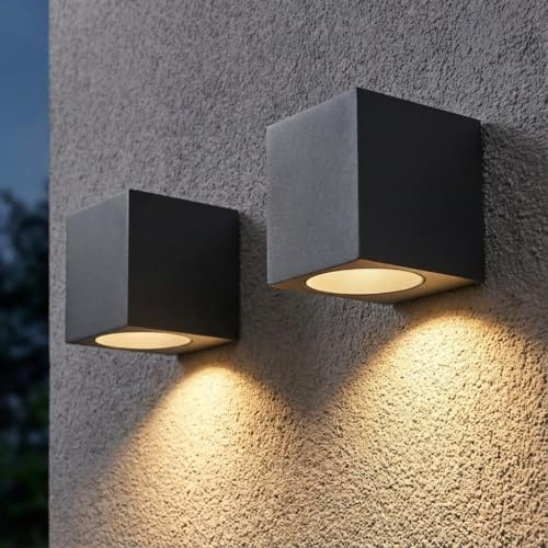 LASIDE 2 Piezas Aplique Pared Exterior, GU10 Antracita Aluminio Down Lámpara Lampara Exterior Pared, IP44 Impermeable Luz Exterior Iluminación para Balcón, Garaje, Terrazas, Patio, Jardin