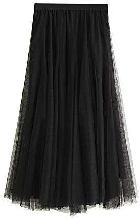Jupe Longue Femme en Tulle Jupe plissée mi-Longue Couleur Unie Taille élastique Jupe évasée Filet Multi-Couche Chic Vintage Quotidien décontracté Vacances Hiver (Noir,Taille Unique)