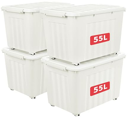 Cetomo 55L*4 Cajas de Almacenamiento con Tapas, Contenedores de Plástico con Ruedas, Clip On, Apilables, Encajables, Organizador Rayado para Oficina en Casa, Blanco, 55L-4 Pack
