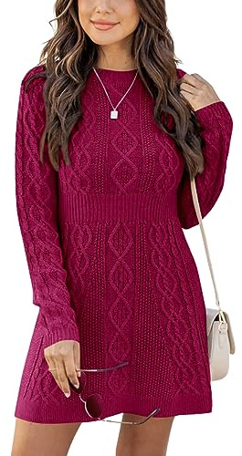 Ebifin Sweater Dresses for Women Elegant Jumper Dresses Knitted Round Neck A-Line Mini Dress Winter Pullover Dresses.Rose Red.S