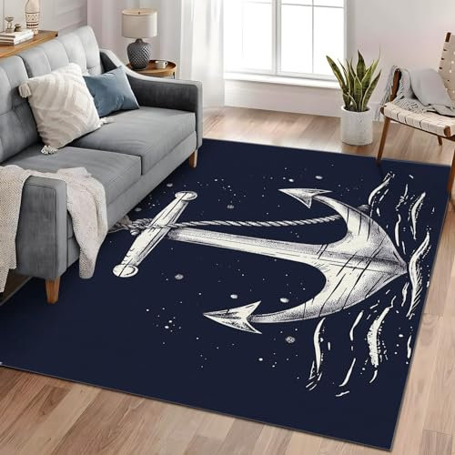 Waschbarer Handgezeichneter Anker Dunkelblau Teppich - rutschfest, Kurzflor, Flauschig Zusammenklappbar Schmutzabweisend- Teppich Für Wohnzimmer und Schlafzimmer Spielzimmer 80cm x 150cm