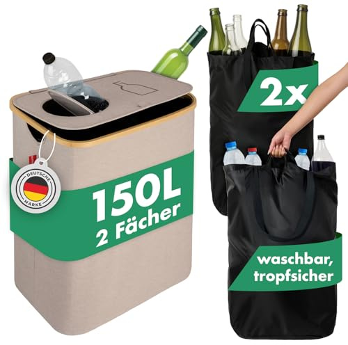 Blumtal Pflandflaschen Sammelbehälter 150L mit 2 Fächern - Bambus Pfandflaschen Organizer mit Flaschensammler Leergut - Pfandflaschen Behälter - Altglas Sammelbehälter mit Loch - Flaschensammler Beige