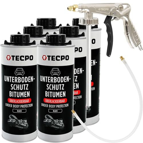 TECPO Unterbodenschutz Bitumen Überlackierbar, 6 Liter Saugdose schwarz UBS Set mit Druckluft Sprühpistole für Steinschlagschutz Karosserieschutz Rostschutzmittel