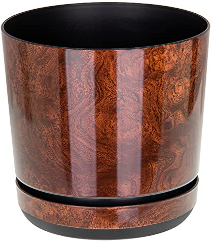 KORAD Extra Large Wood Effect Flower Planter - Gloss Plastic Pot + Saucer Tray Deco, Round Indoor Plant Pots for House Plants avaialbe in 7 Sizes (32 cm - 12.6 inch)