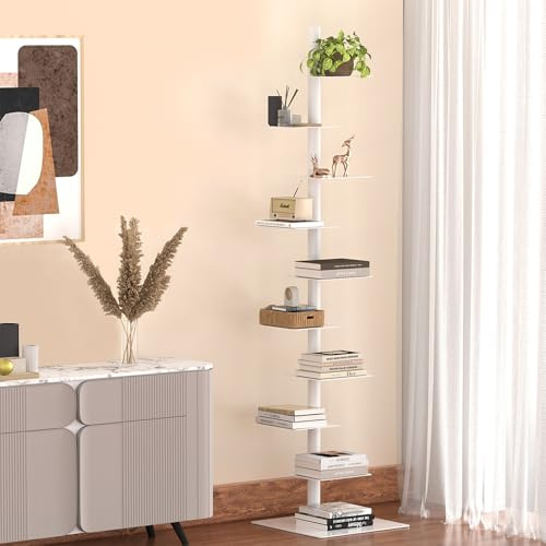 Nidouillet 9-Tier Metal Spine Bookshelf, Adjustable Vertical Tower for Books, Tall & Narrow Ladder Bookcase, Space-Saving Multipurpose Corner Storage Shelf, Display Stand (White, 9 Tier)