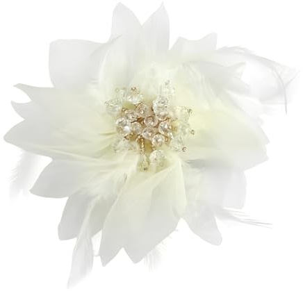 Broche de tela floral de gran tamaño, pin de solapa de cristal y plumas de 12 cm, elegante ramillete de flores de organza para invitados de boda, banquete y accesorio para ocasiones especiales